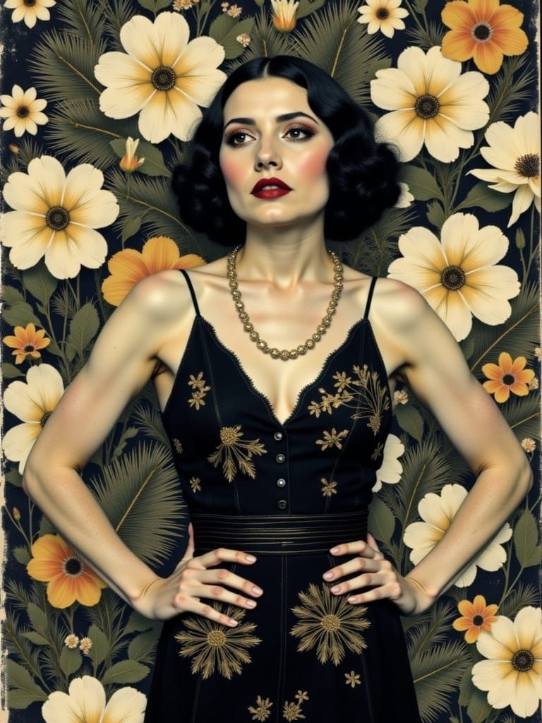 Art Deco Nightclub Singer with Floral Tattoo Patterns
