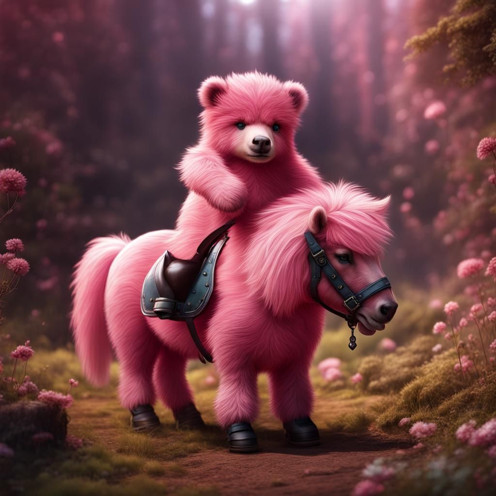 Pink Teddy Bear on Shetland Pony, Fantasy Art