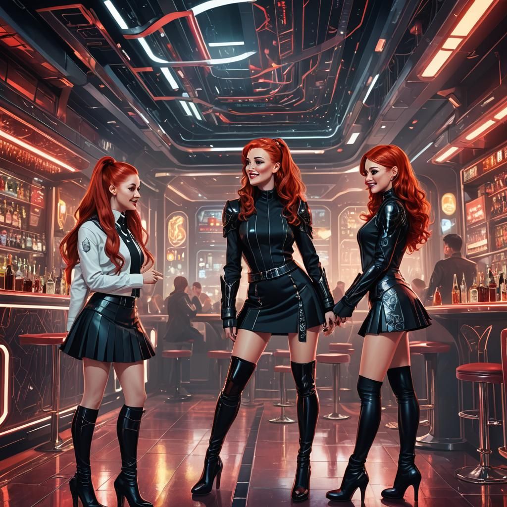Futuristic Bar Scene with Red-Haired Women in Art Nouveau St...