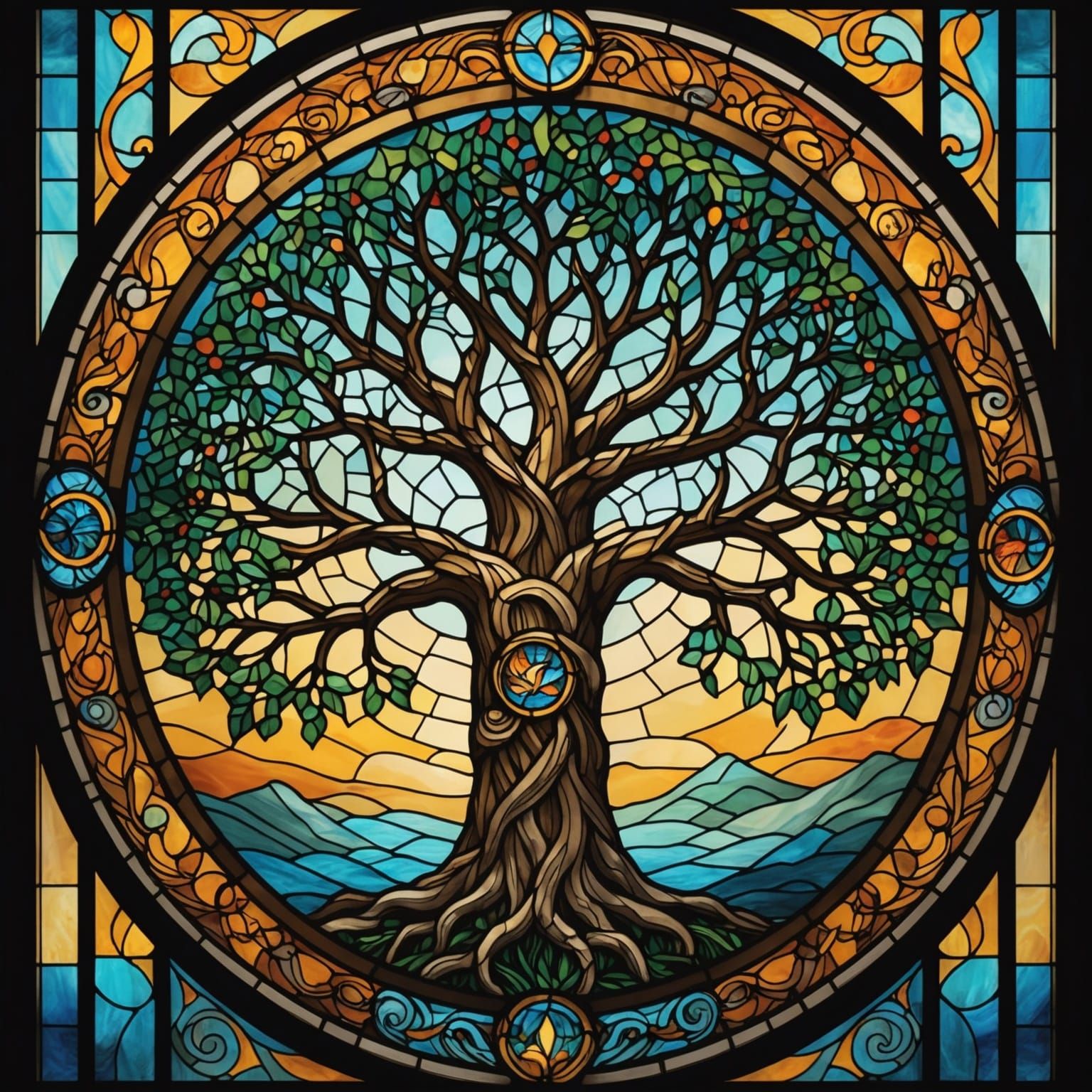 Stained Glass Yggdrasil Hyperrealistic Concept Art