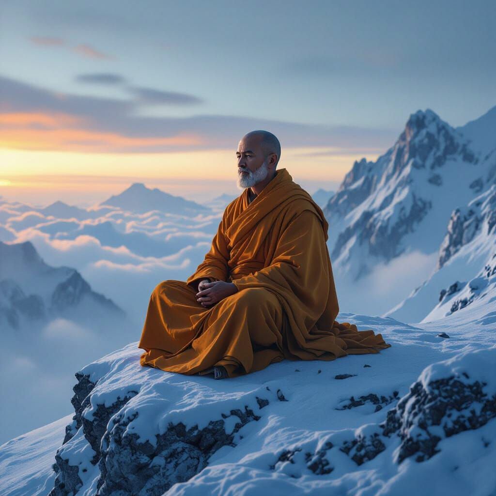 Serene Monk Meditates on Snowy Mountain Peak