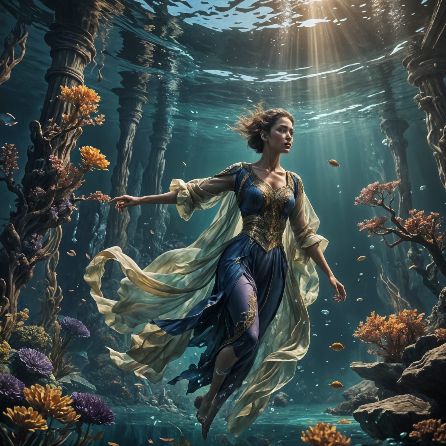 Serene Underwater Woman in a Detailed Matte Painting