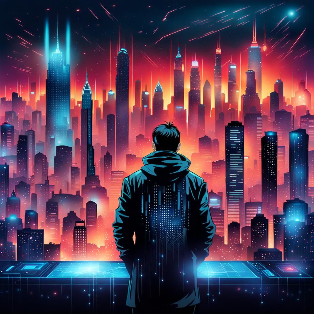 Cyberpunk Hacker in Futuristic Cityscape