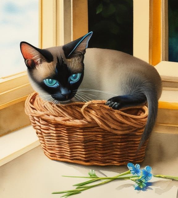 Siamese Cat in Watercolor with Flowers and Butterflies