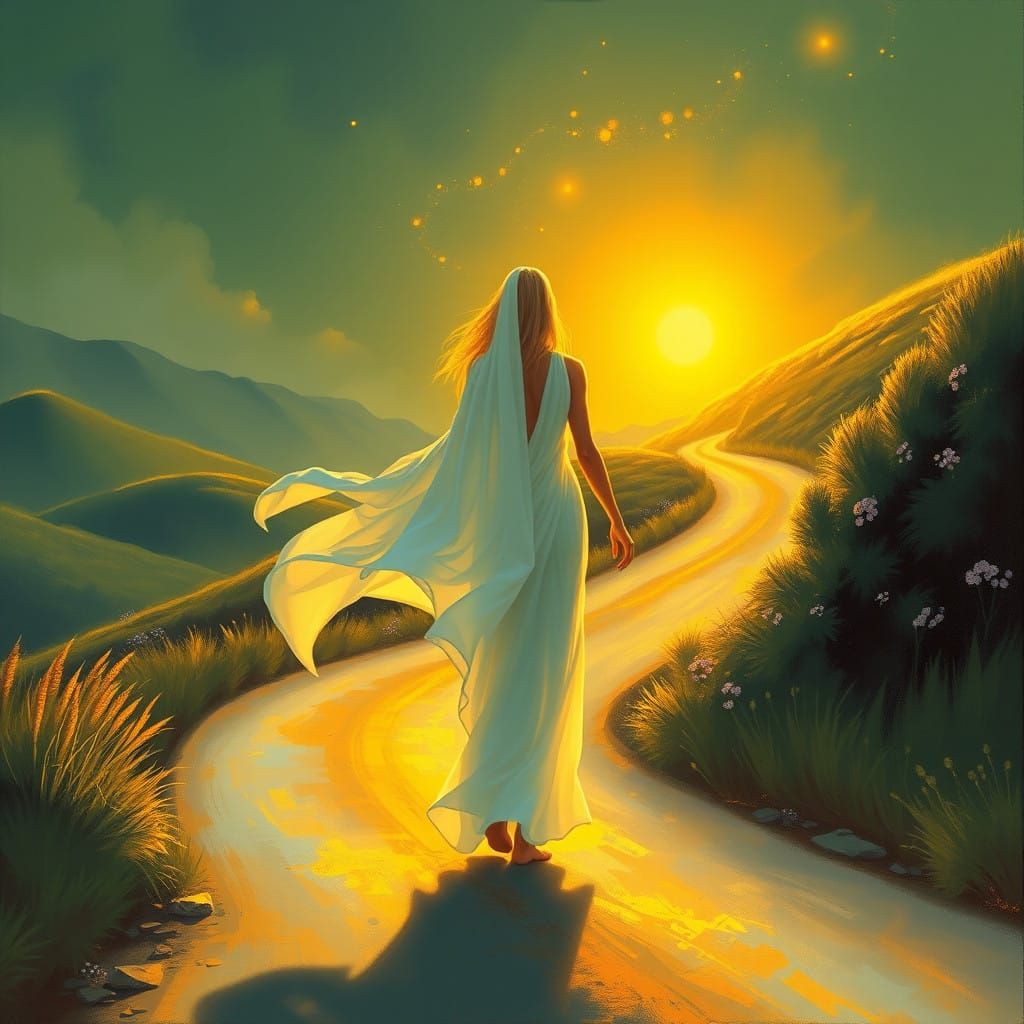 Dreamy Landscape with Goddess Figure in Golden Light