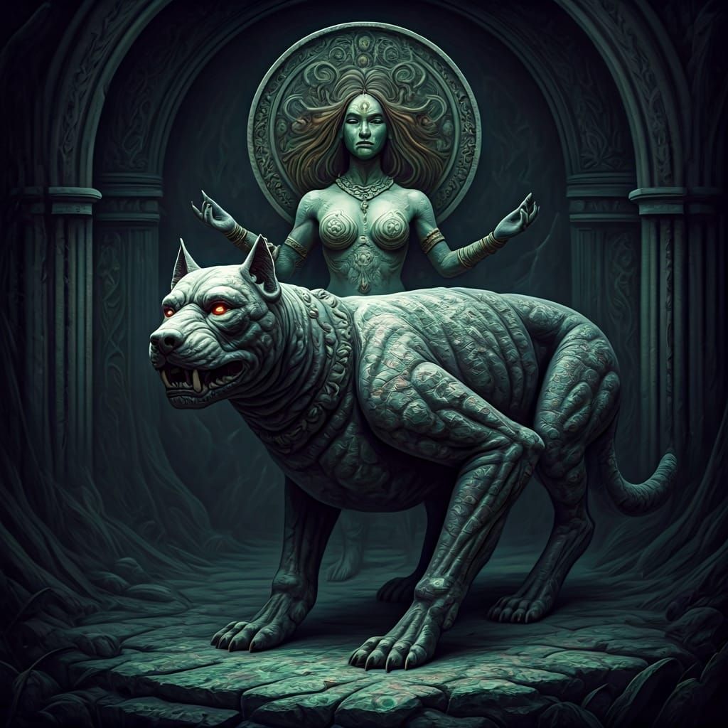 Granite Orc Statue with Demon Dog in Mystical Setting