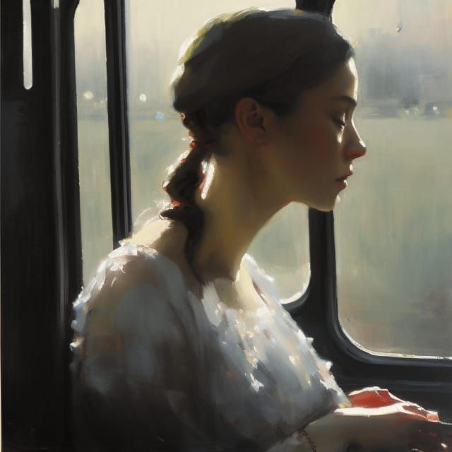 Girl on Train in Hyperrealistic Victorian Style