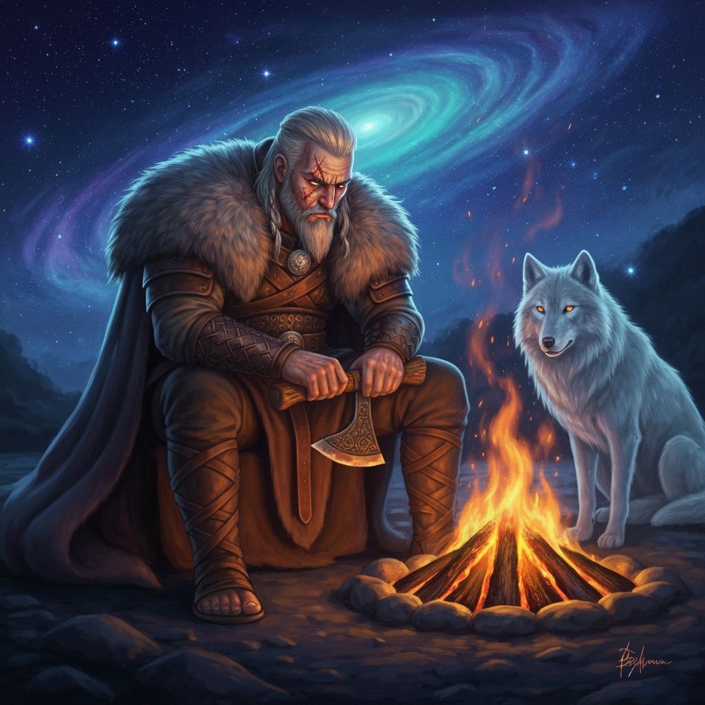 Viking Warrior Under Nebula Sky by Campfire