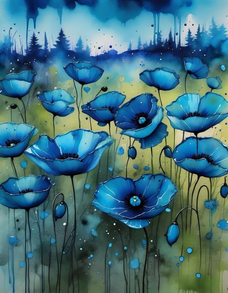 Blue Poppy Field in Wet Brush Watercolour Style