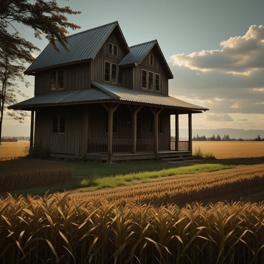 Farmhouse Hidden in Cornfield, Dark Style