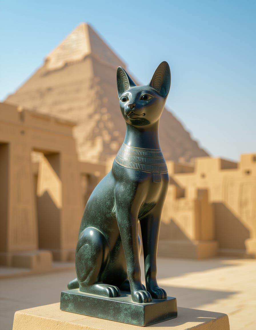 Ancient Egyptian bronze cat statue, blurred out background o...