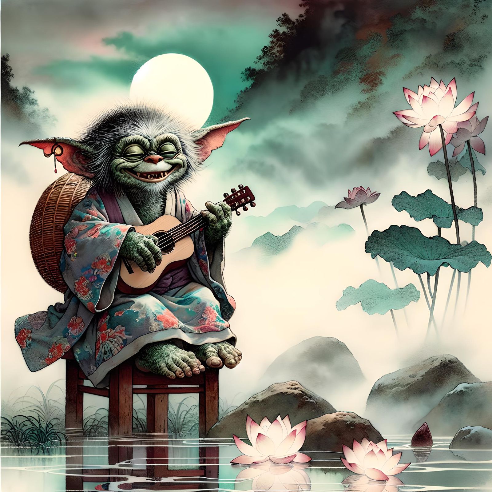 Ukiyo-e Gremlin Serenade Under Moonlight
