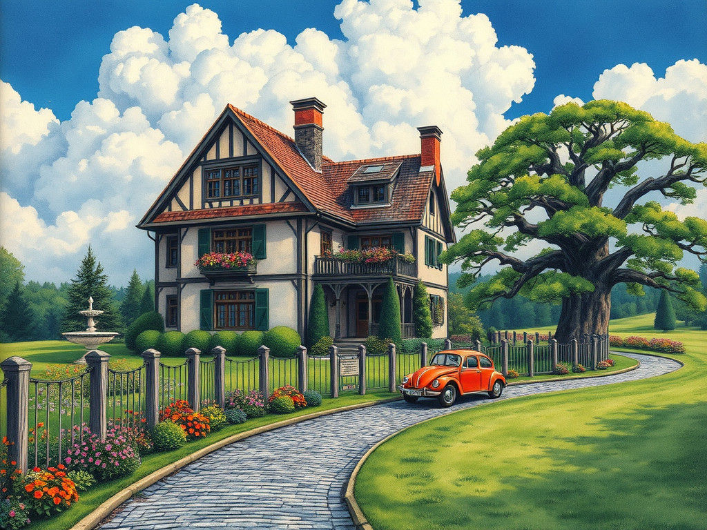 Medieval Manor House in Whimsical Ink Watercolor Style