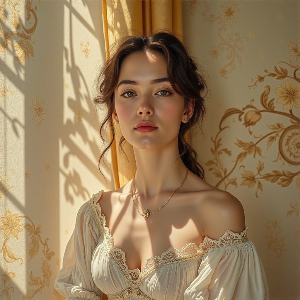 Woman with Enigmatic Smile in Pre-Raphaelite Style