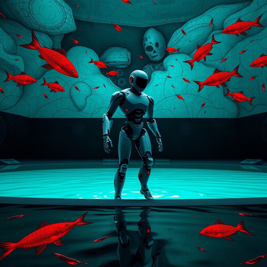 Robotic Figure Enters Pool in Surreal Celestial Style