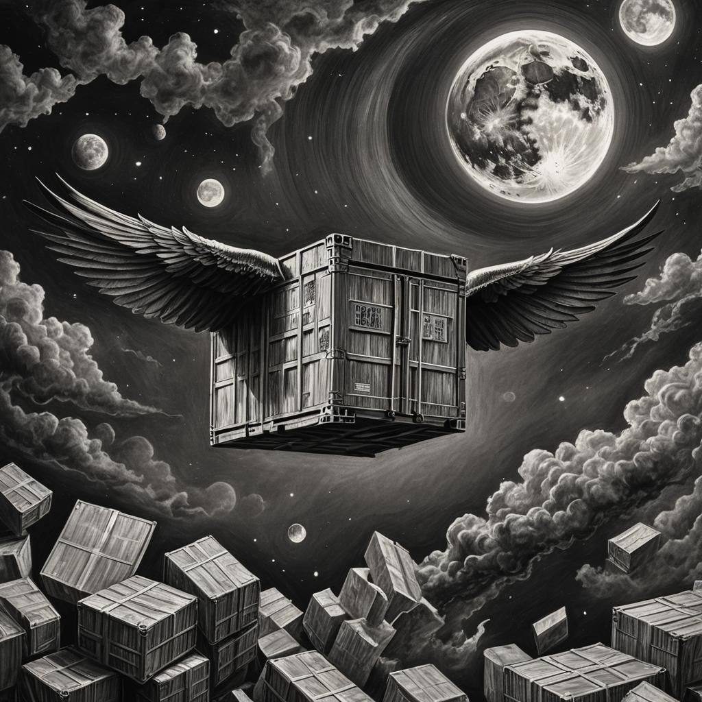Hyperdetailed Charcoal Drawing: Flying Cardboard Box
