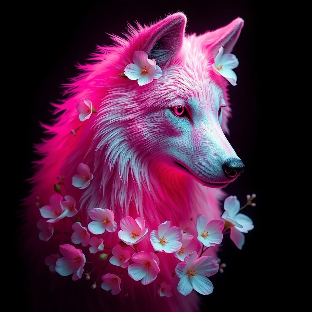 Pink Wolf with White Flowers in Fantasy Realism
