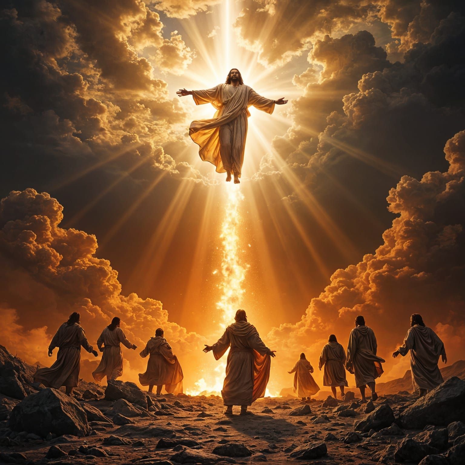 Jesus Descending: Radiant Savior in Apocalyptic Landscape
