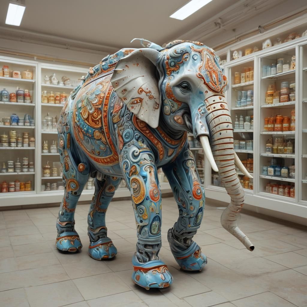 A mexchanic robot elephant walking in a porcelain store, cle...