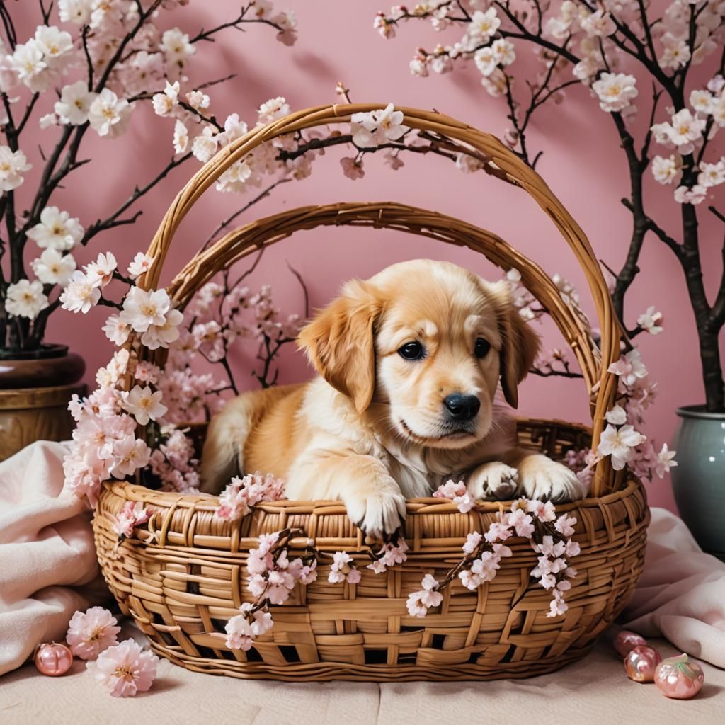 Golden Retriever Puppy in Vaporwave Sapporo Livingroom