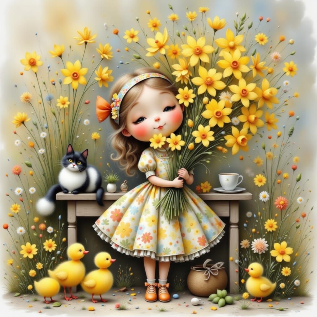 Girl with Daffodils, Ducklings, and Cat in Pencil and Waterc...