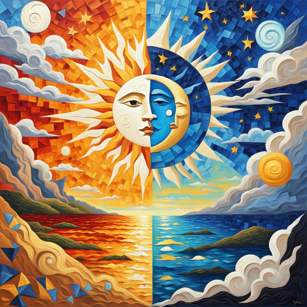 Cubist Sun and Moon Impasto Sky
