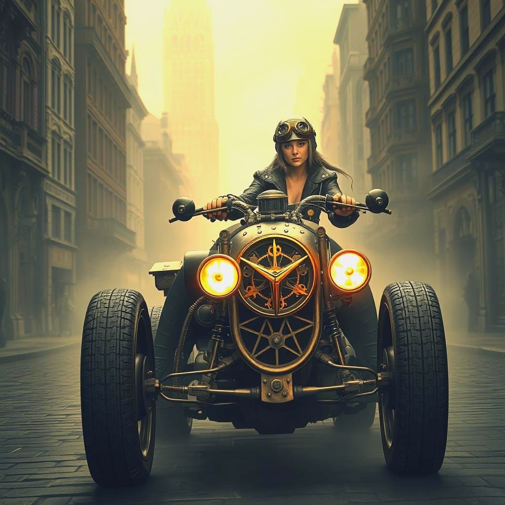 Steampunk Cityscape with Retro Car in Sepia Tones