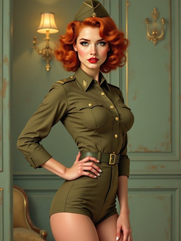 Sultry Redheaded Pin-Up Girl in Army Uniform