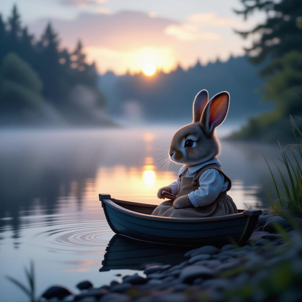 Rabbit Child with Toy Boat by Misty Lake at Dusk
