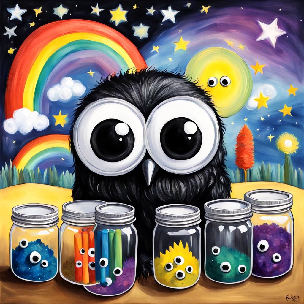 Gothic Googly-Eyed Creature with Jars, Starry Night Style