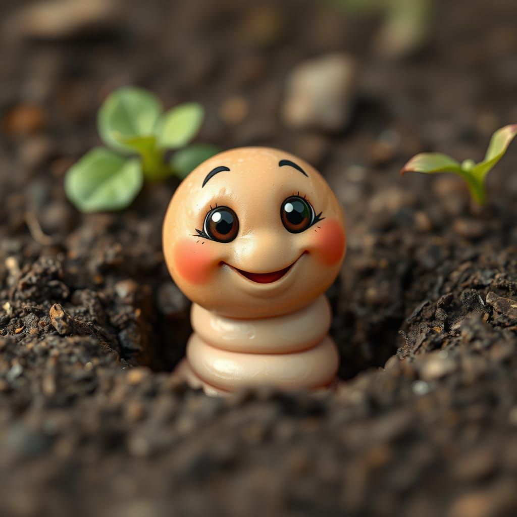 Cute Earthworm Peeks Out of Hole with Happy Eyes