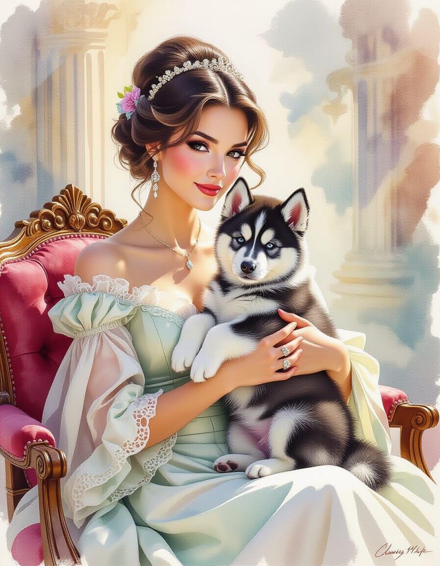 Elegant Woman With Malamute Puppy in Grand Watercolor Painti...