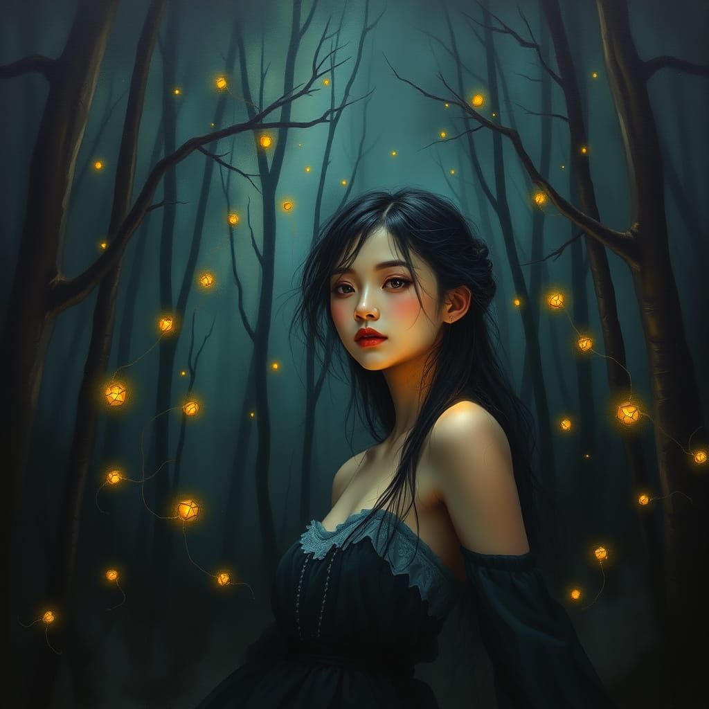 Asian Woman Illuminated by Fireflies in Dark Forest Oil Pain...