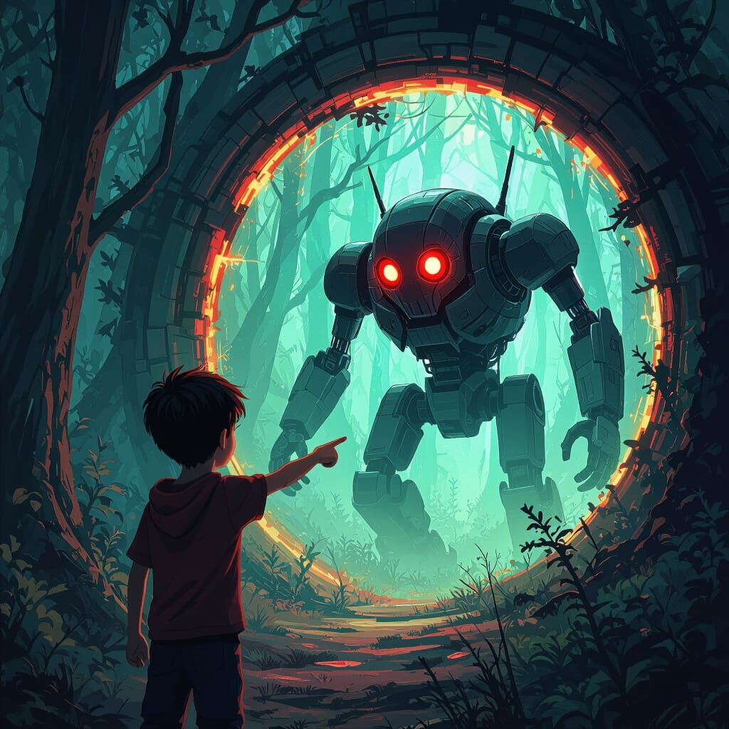 Boy Confronts Robot Emerging From Time Portal