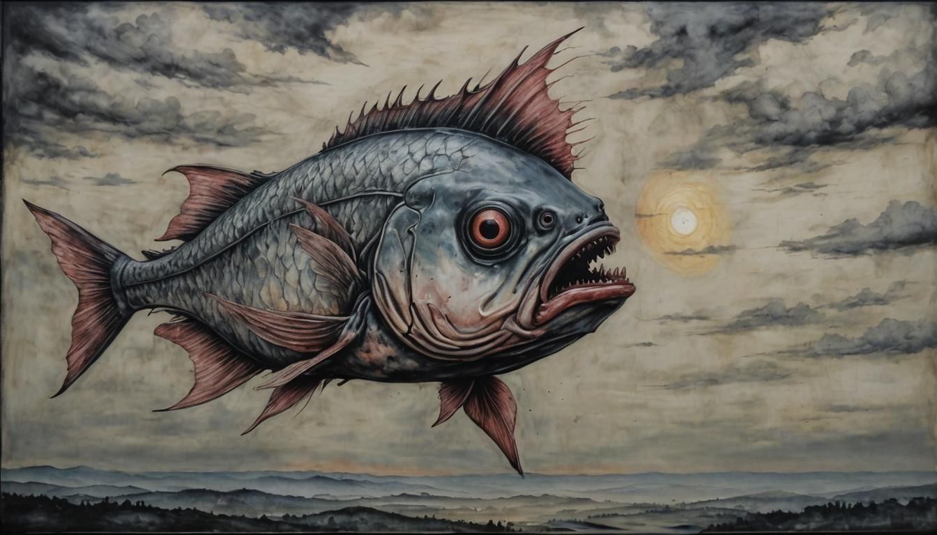 Hyperrealistic Fish Head in Burning Sky, Encaustic Style