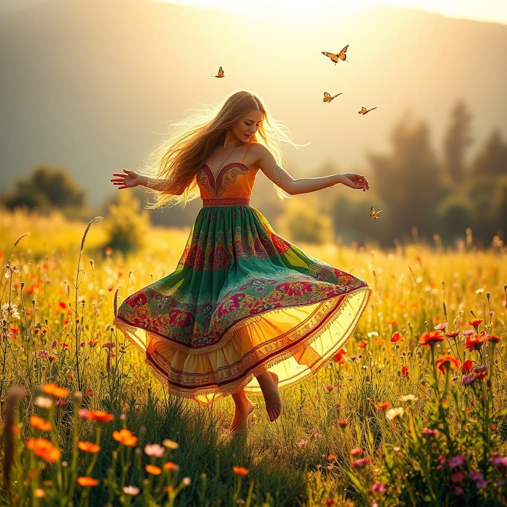 Romantic Gypsy Woman Dances in Vibrant Sunlit Meadow