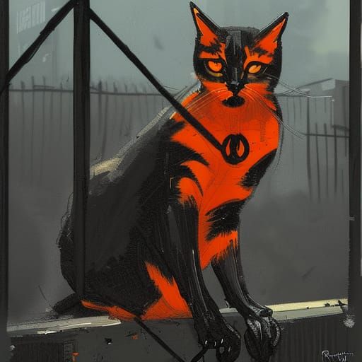 Sinister Black and Orange Cat on Fence