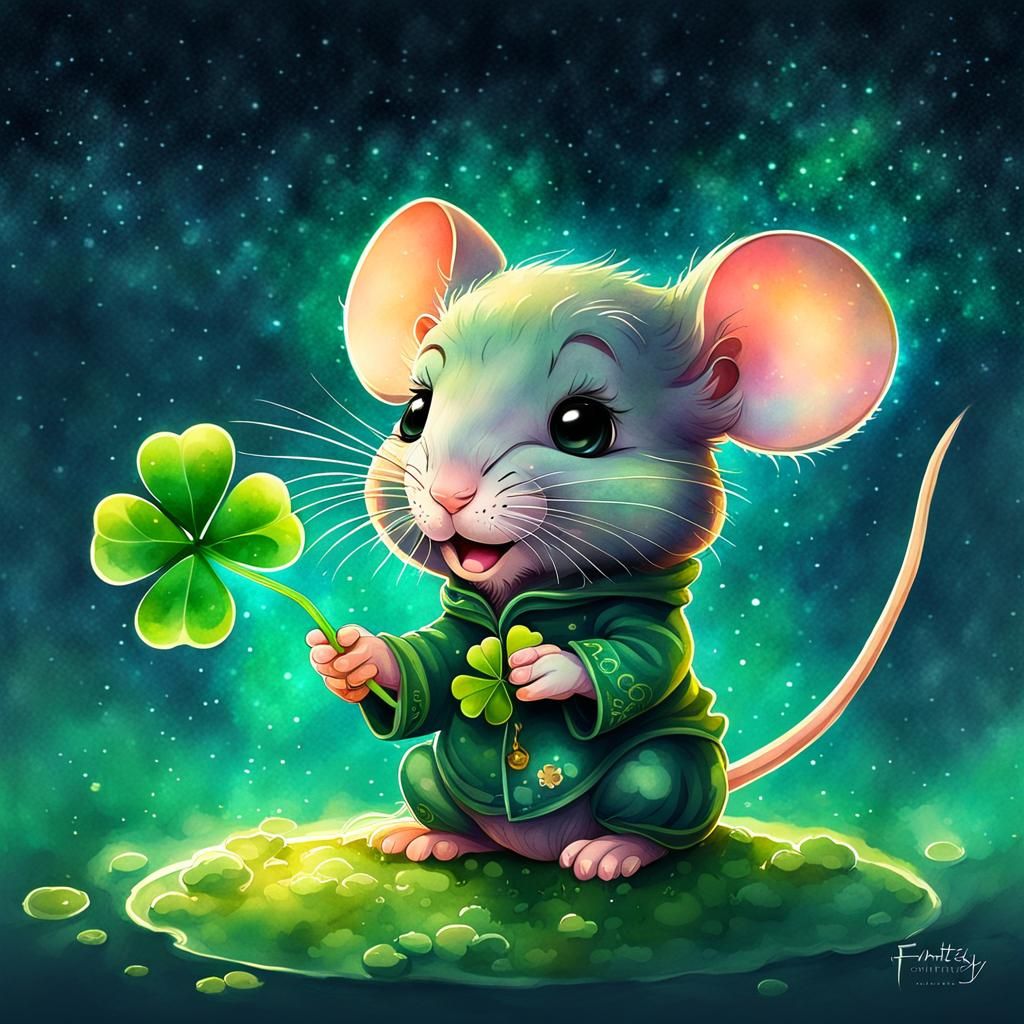 Chibi Mouse Planting Clover: A Digital Watercolor Fantasy