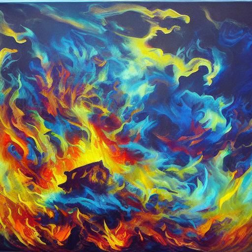 Surreal Inferno: Figure Engulfed in Flames as Oil Painting