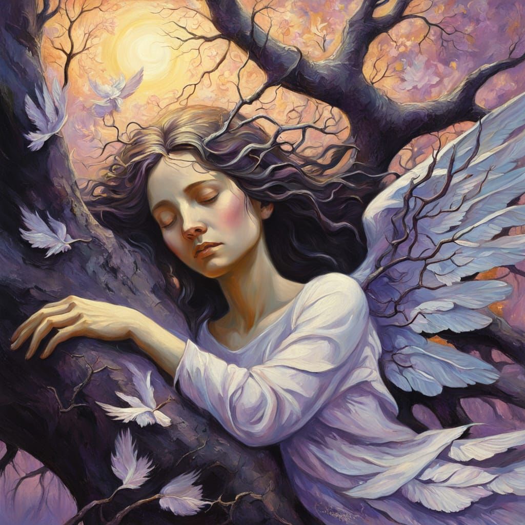 Ethereal Angel Under Black Tree: Expressionist Oil Painting