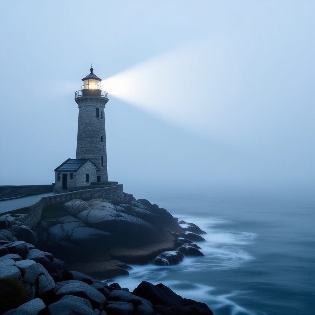 Solitary Lighthouse Beam Piercing Dense Fog