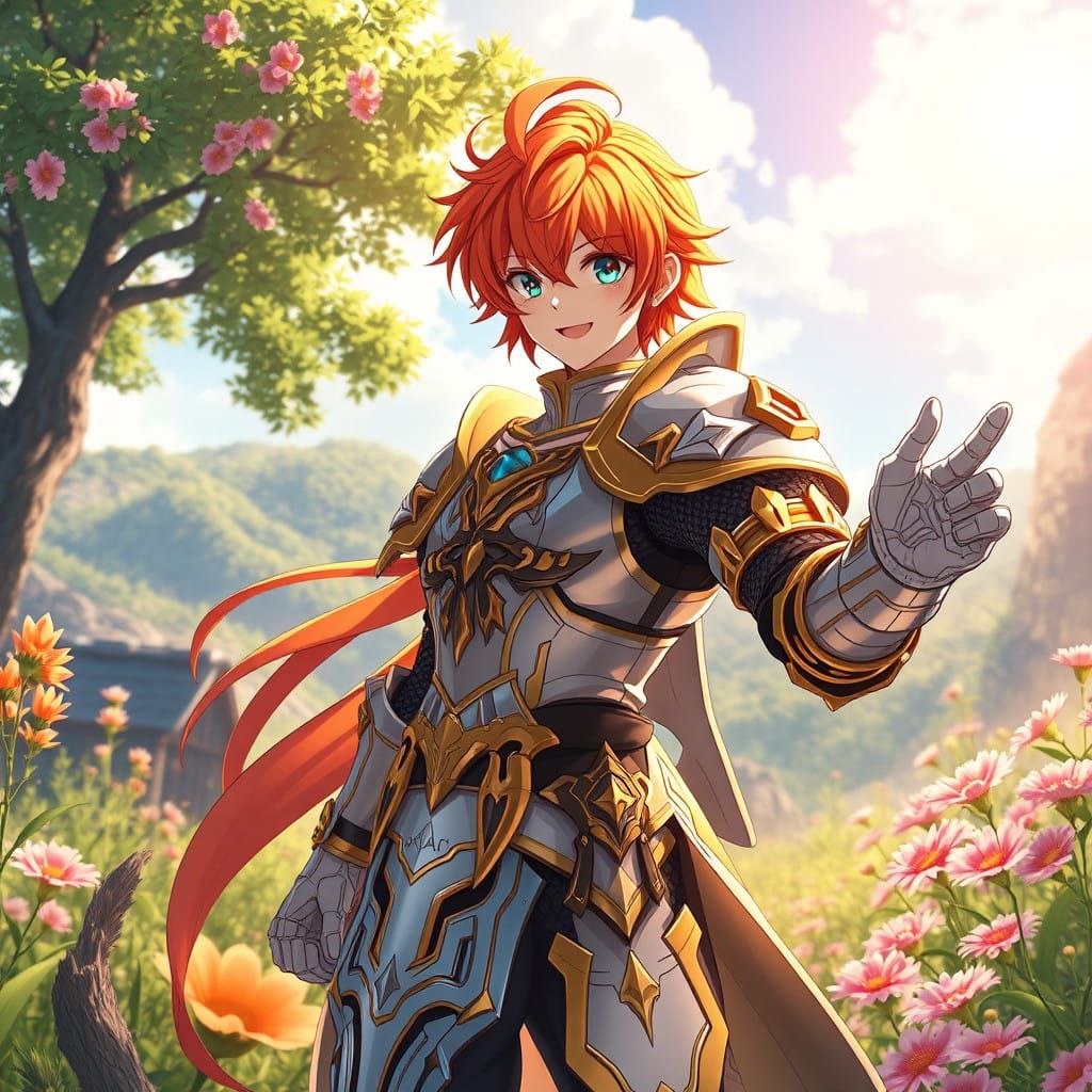 Vibrant Orange-Haired Knight in Sun-Drenched Landscape