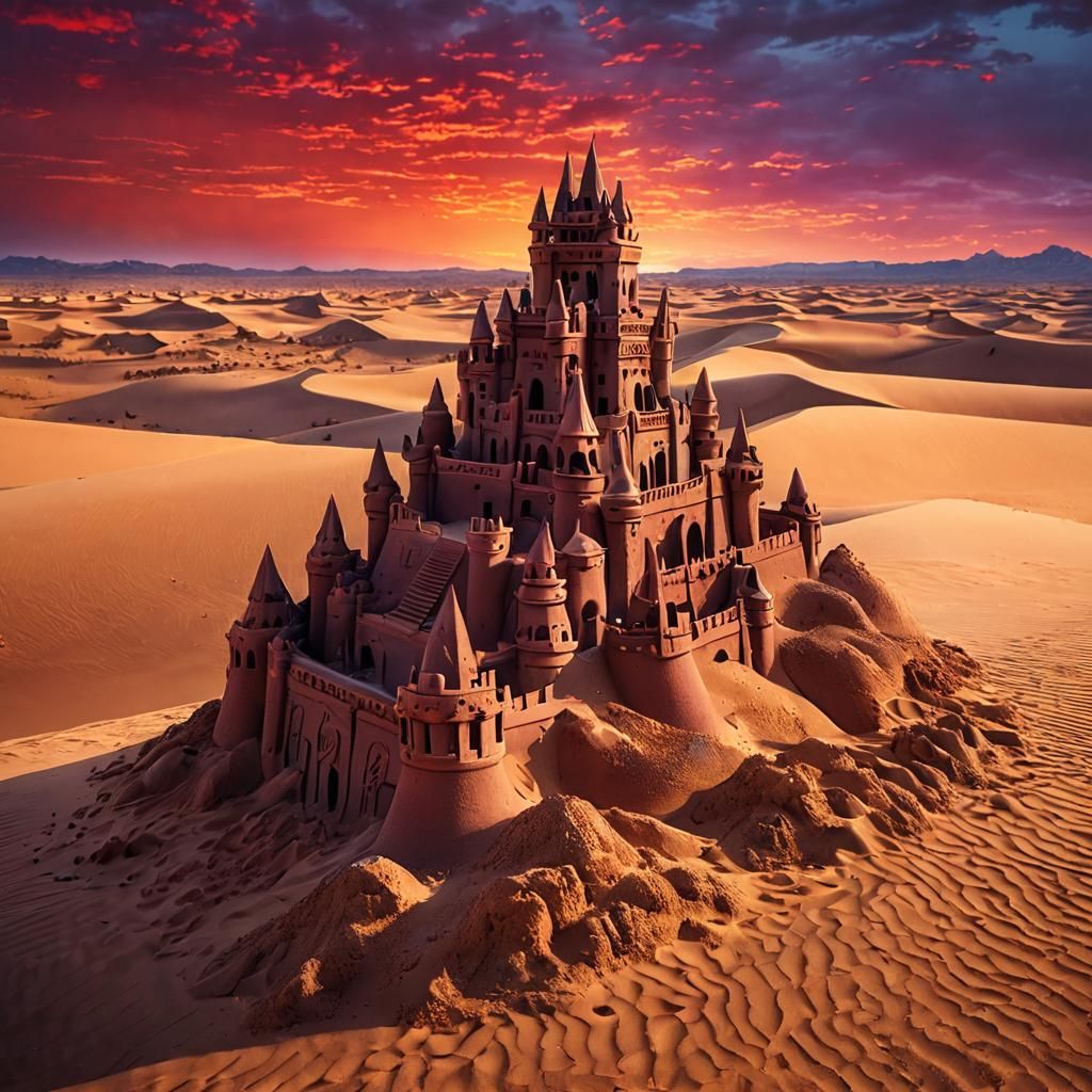 Majestic Sandcastle in a Crimson Desert Sunset