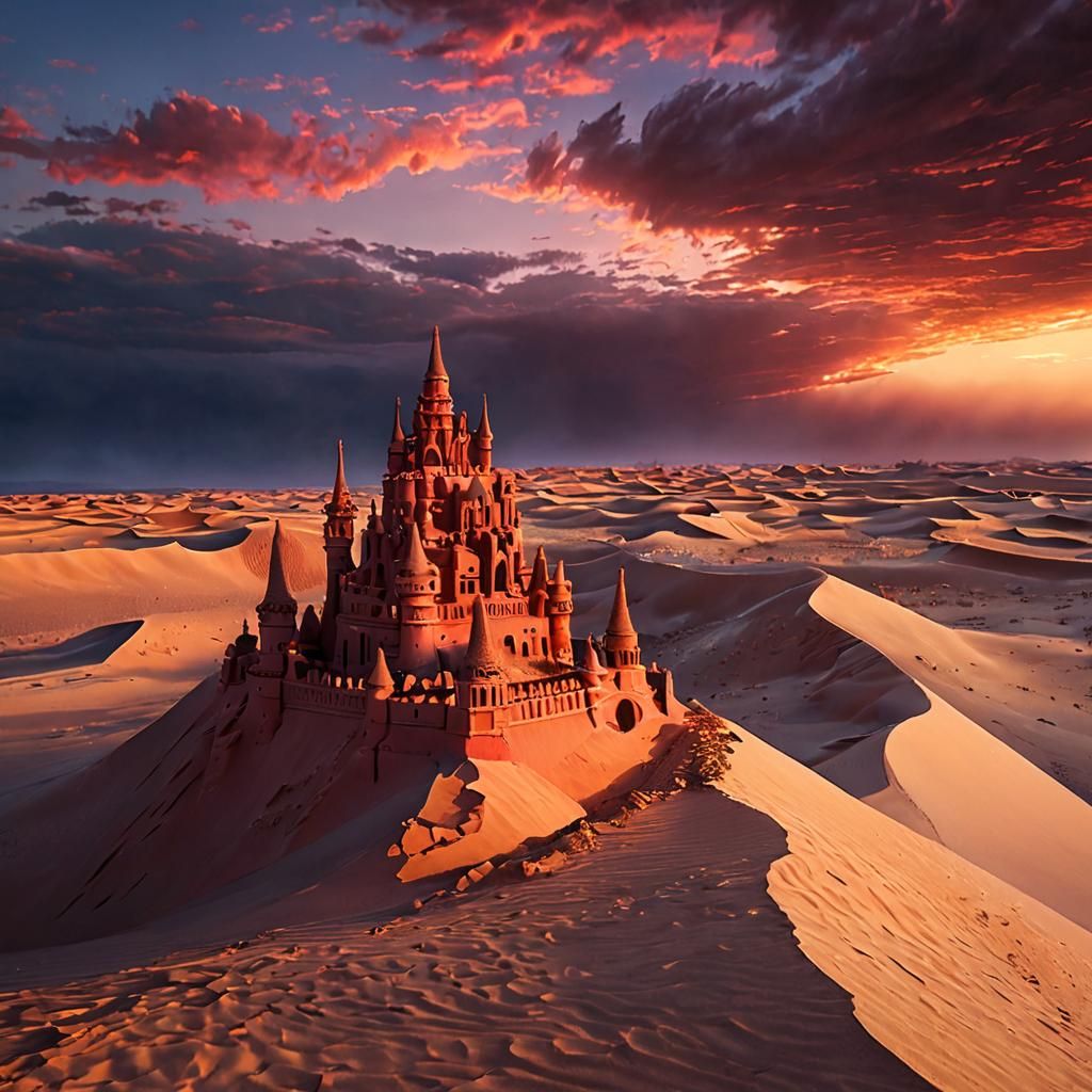 Crimson Sunset Over Immense Desert Sandcastle