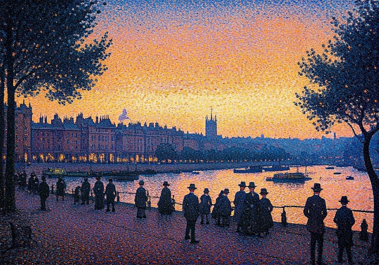Victorian Riverfront in Pointillist Style at Dusk