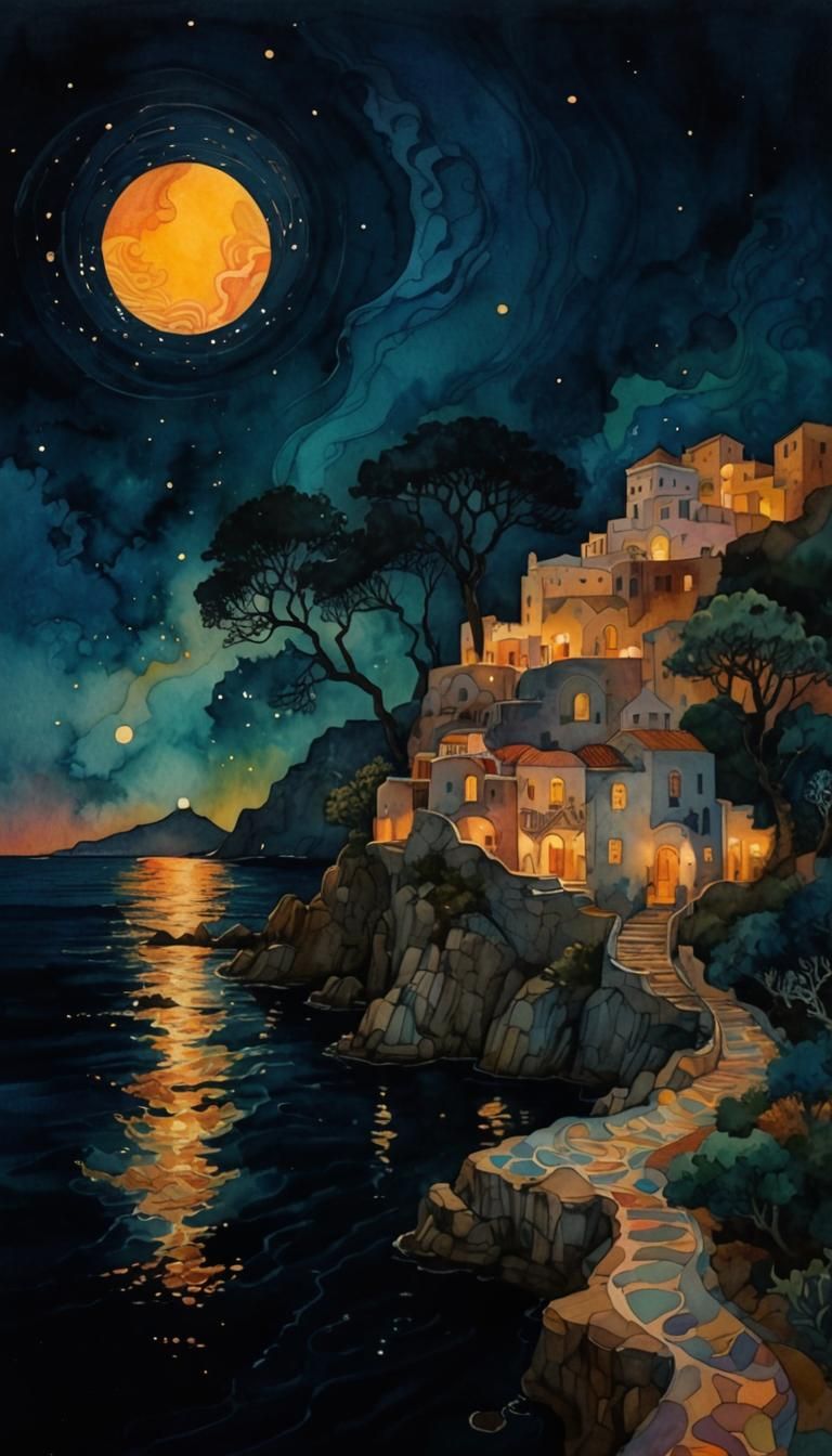 Greek Island Night in Abstract Watercolor Style