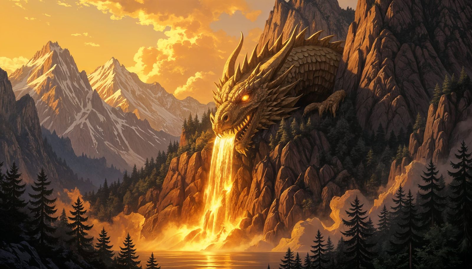 Golden Waterfall From Dragon's Mouth