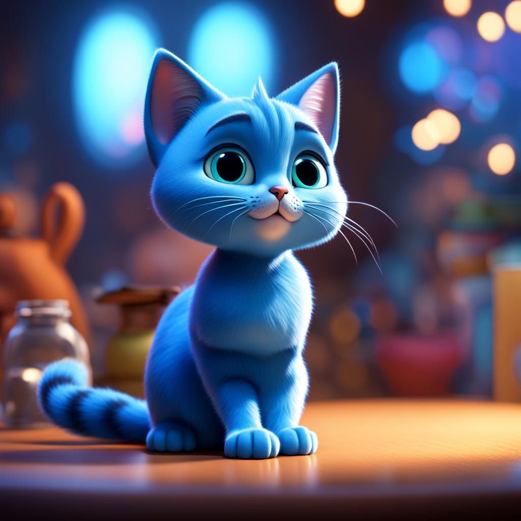Cute Blue Cat in 3D Digital Art Style