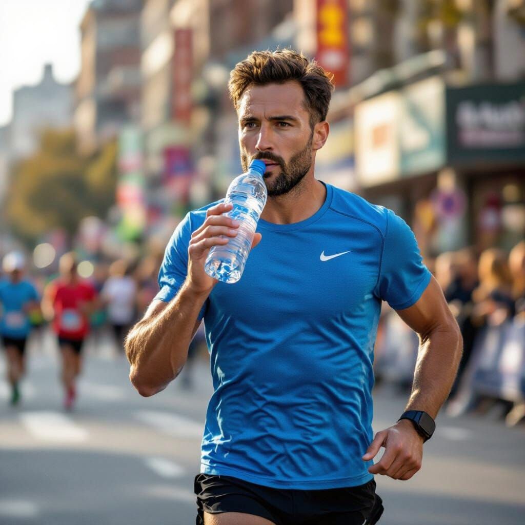 Runner Hydrates During Intense City Marathon Race