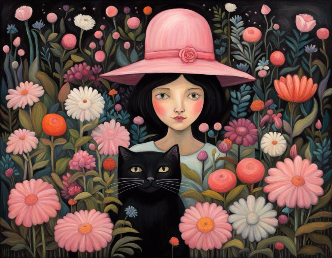 Girl with Cookie and Cat in Expressionist Style